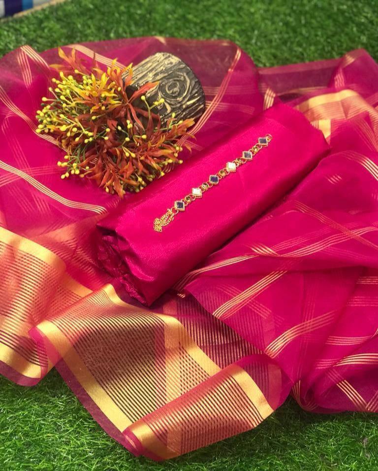 Pink Katan Silk 3-Piece Suit with Zari Border