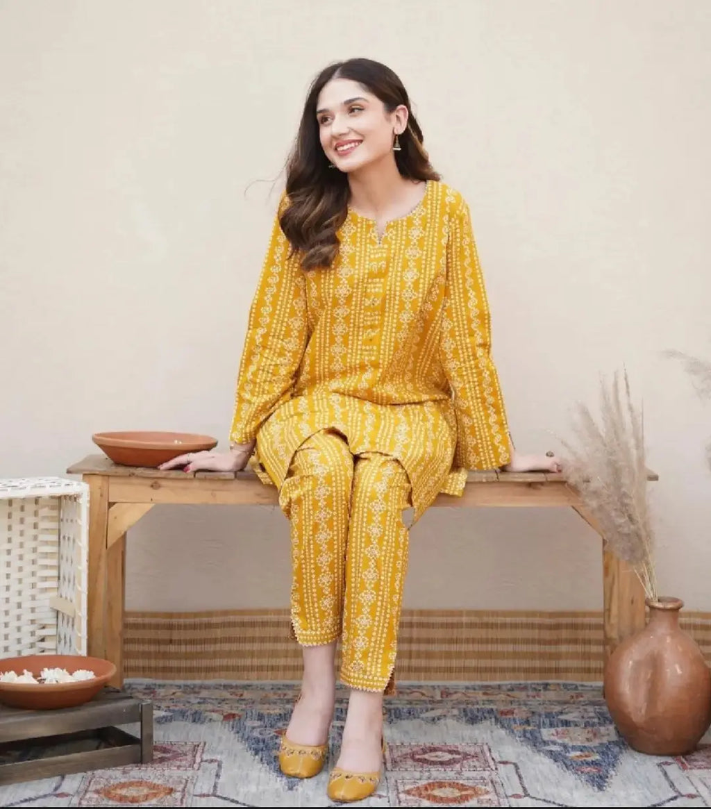 2 Pcs Women's Stitched Linen Block Printed Shirt And Trouser