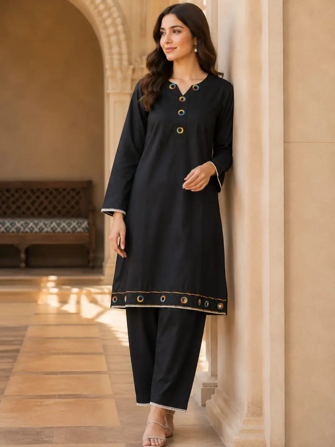 2 Pcs Women's Stitched Linen Plain Shirt And Trouser