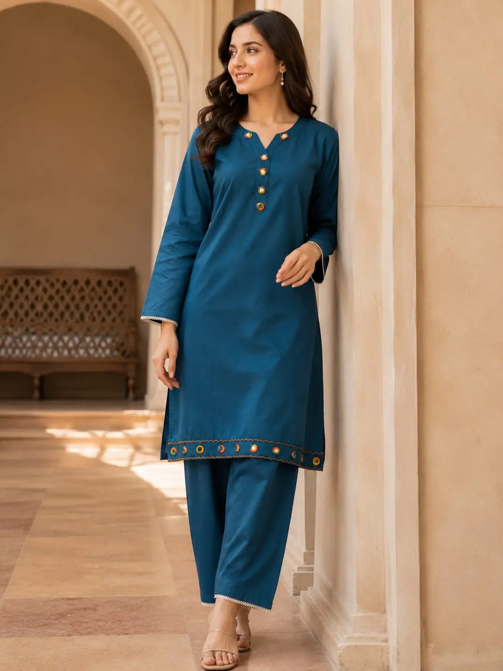 2 Pcs Women's Stitched Linen Plain Shirt And Trouser