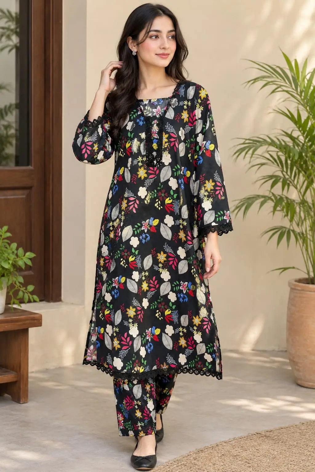 2 PcsWomen's Stitched Crystal Wool Printed Shirt And Trouser