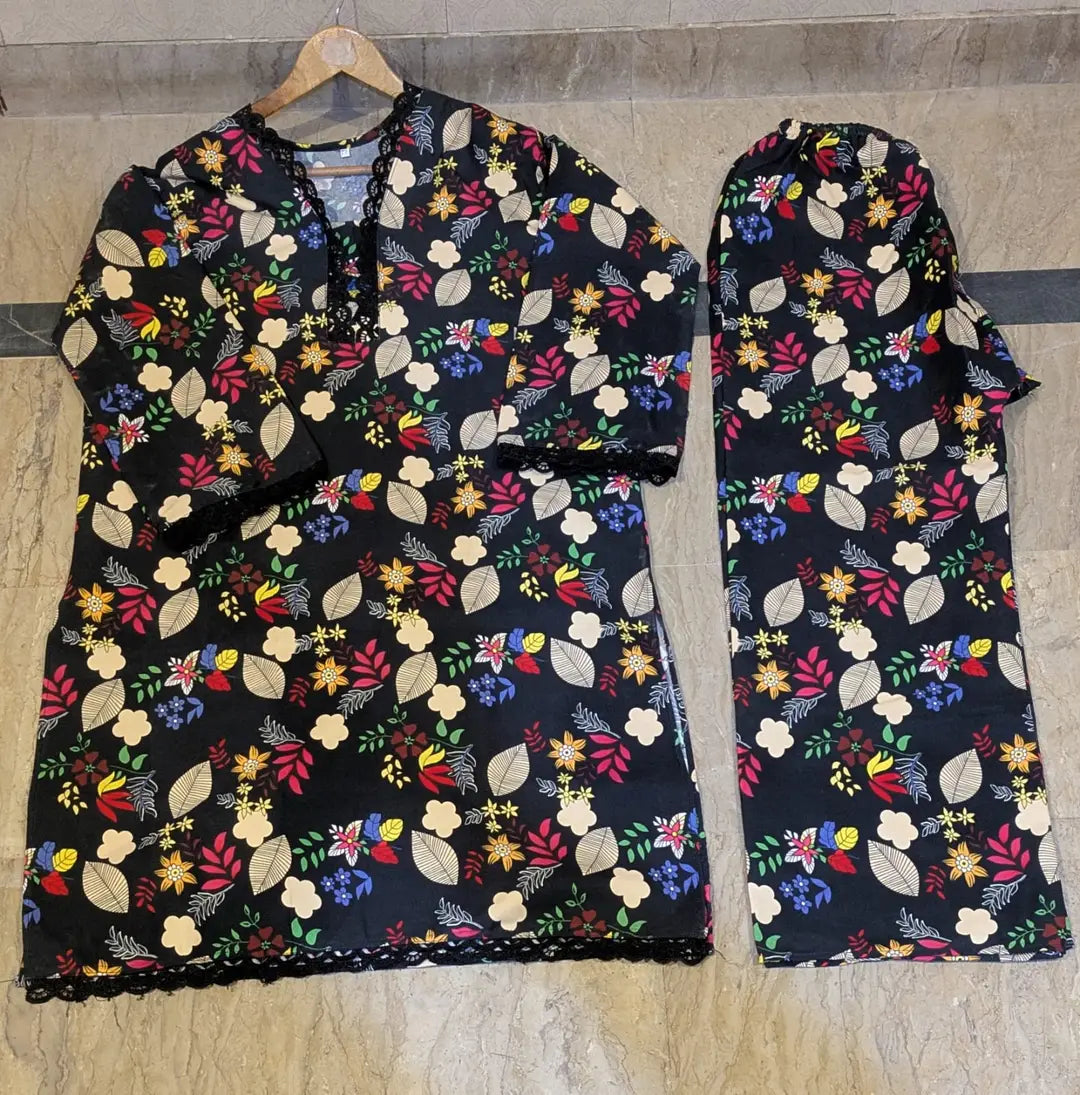 2 PcsWomen's Stitched Crystal Wool Printed Shirt And Trouser