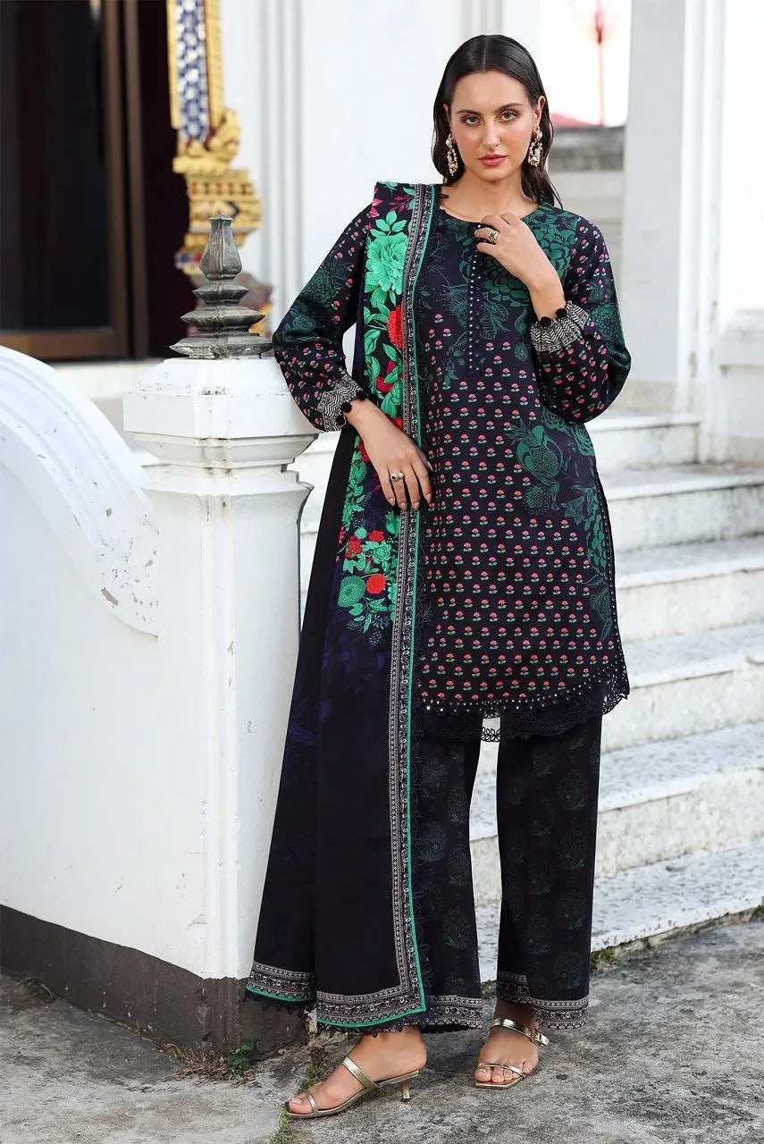 3-Piece Printed Khaddar Suit Blue Floral for Women