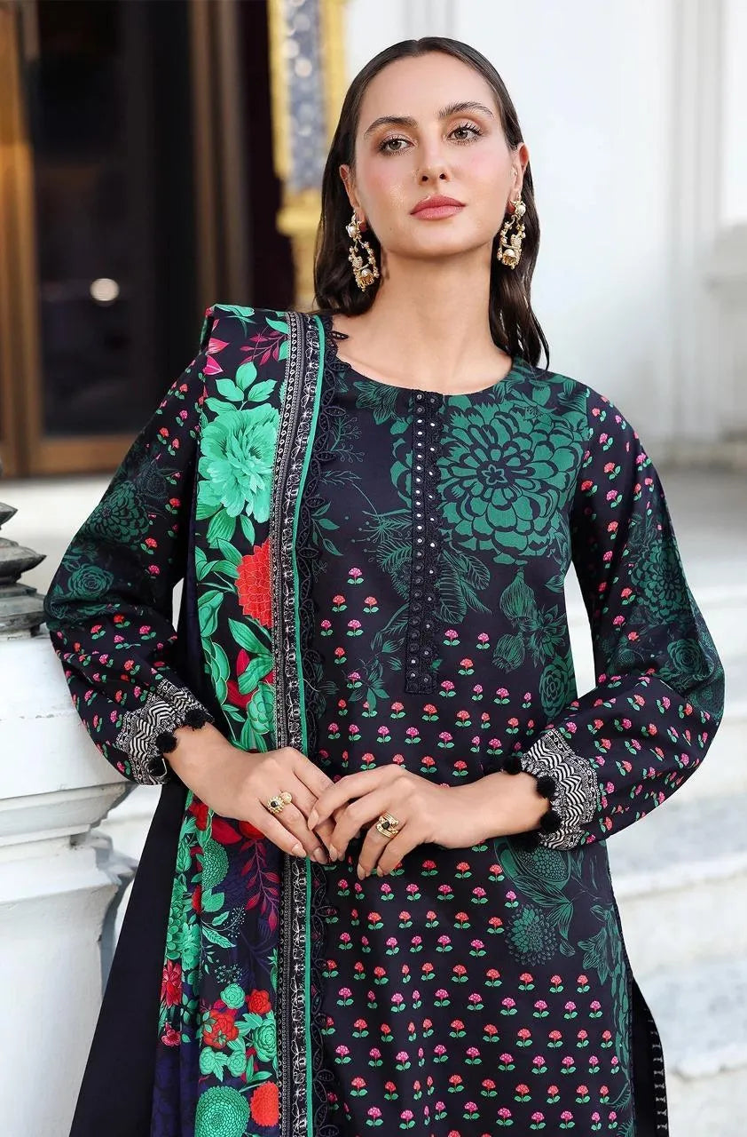 3-Piece Printed Khaddar Suit Blue Floral for Women