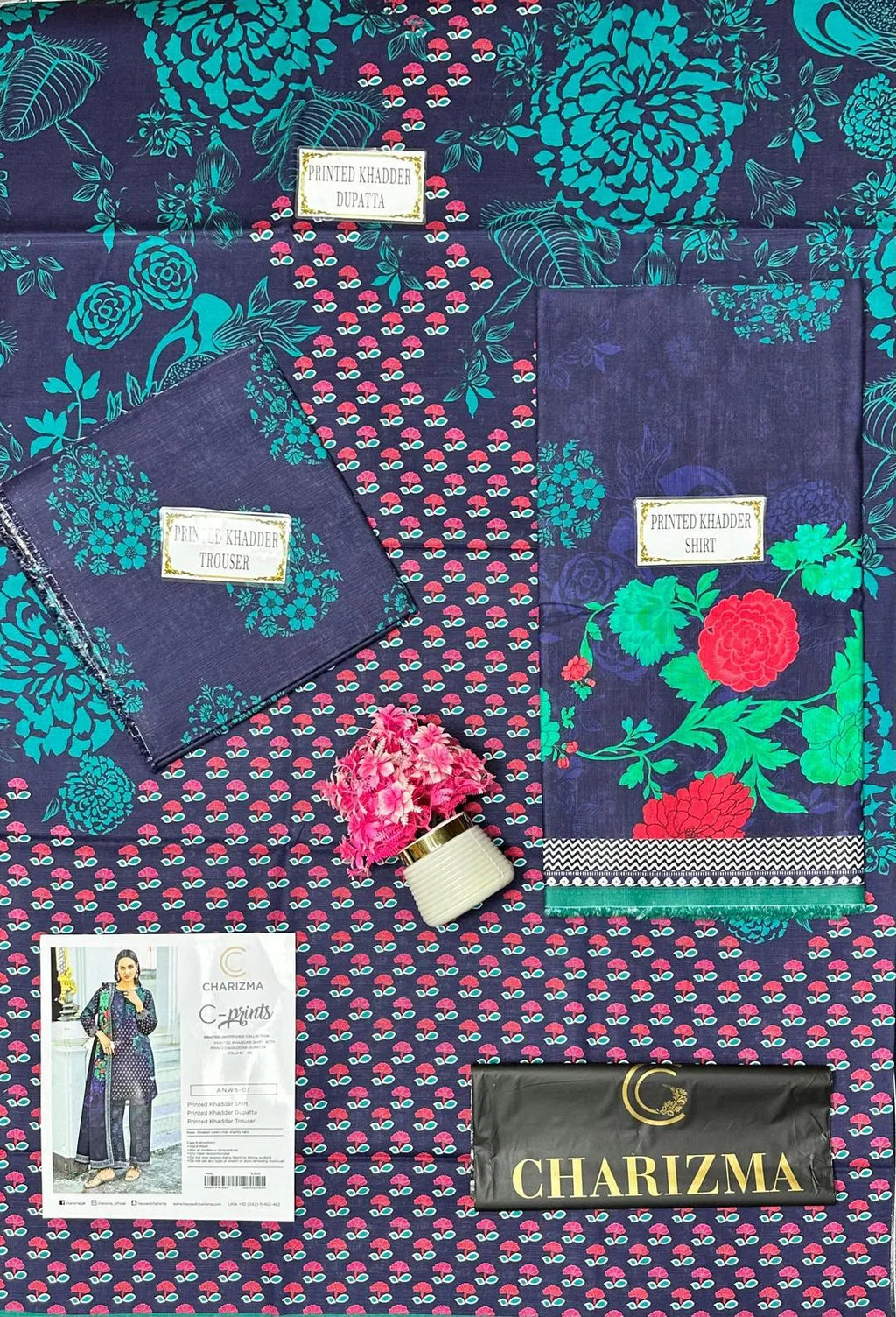 3-Piece Printed Khaddar Suit Blue Floral for Women