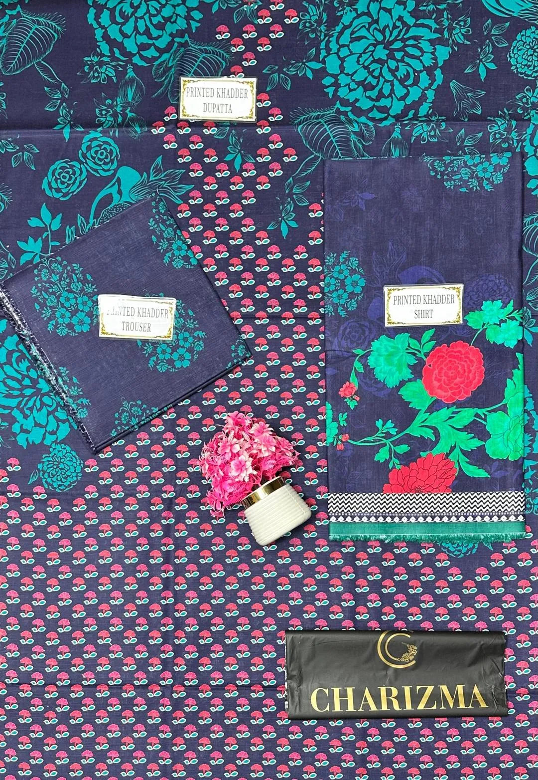3-Piece Printed Khaddar Suit Blue Floral for Women